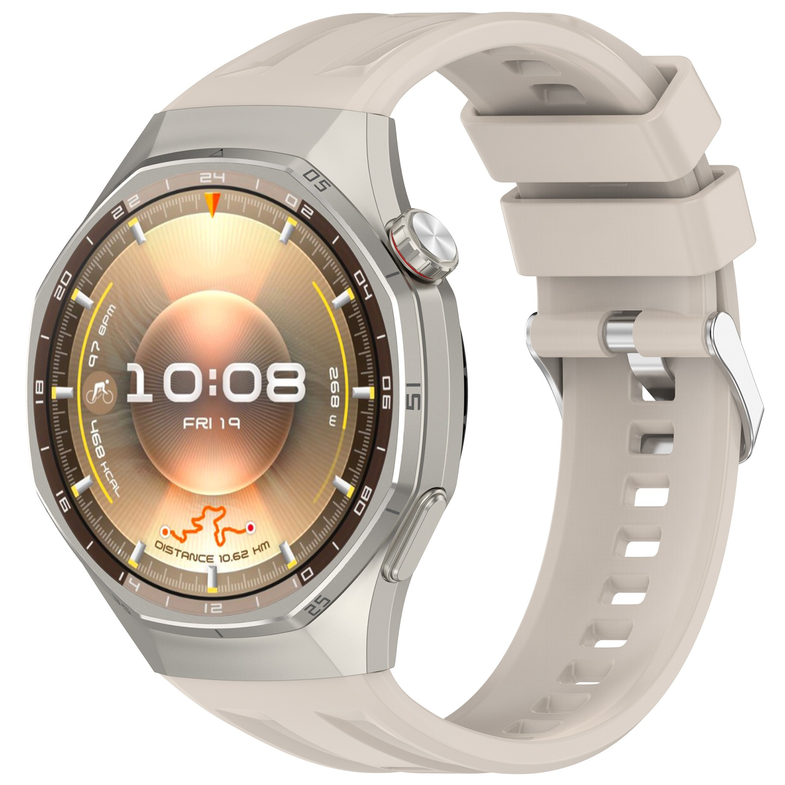 Eine silberne Smartwatch mit beigem Band zeigt 10:08 Uhr, Herzfrequenz und Distanz.