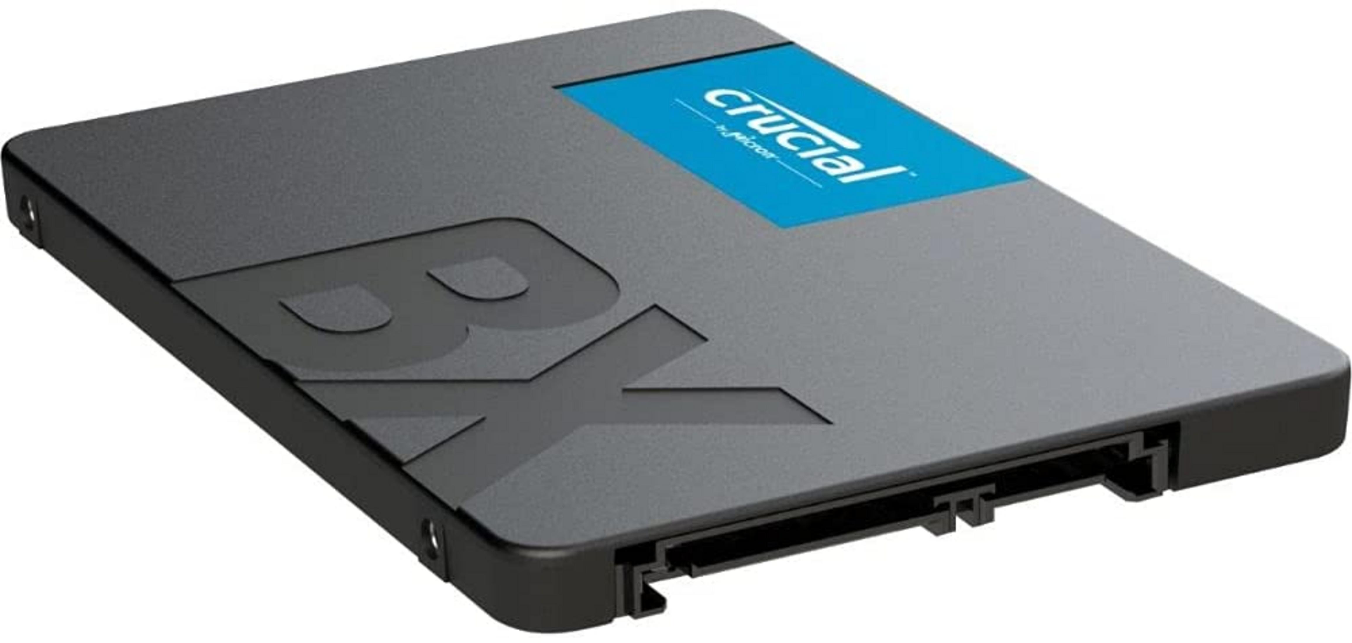 Graue SSD mit blauem Crucial-Logo und BX-Schriftzug.