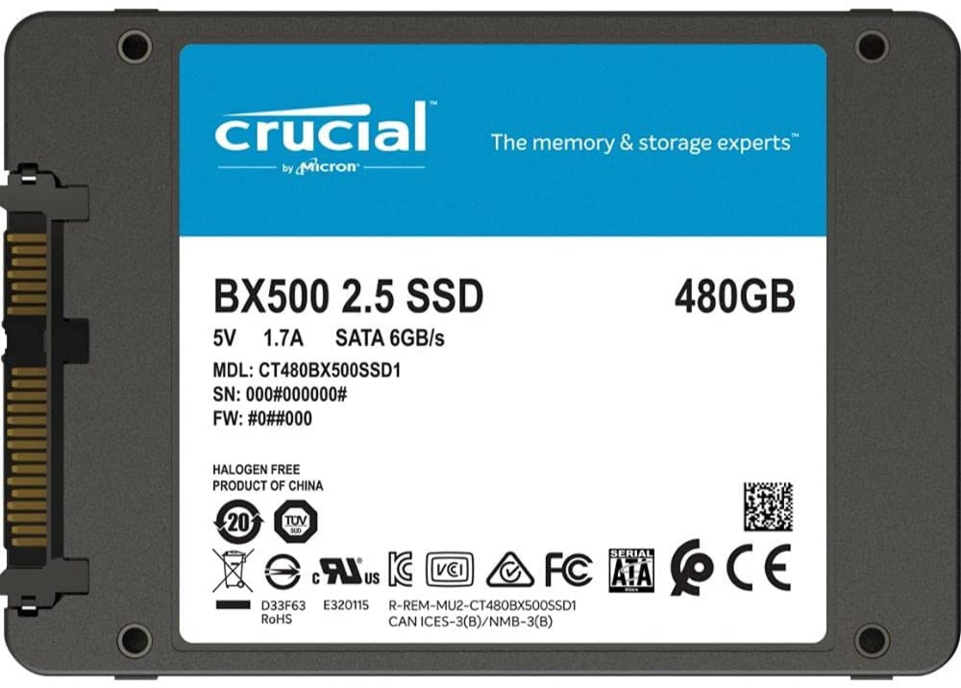 Crucial BX500 2.5 SSD 480GB mit SATA-Anschluss und diversen Zertifizierungen.