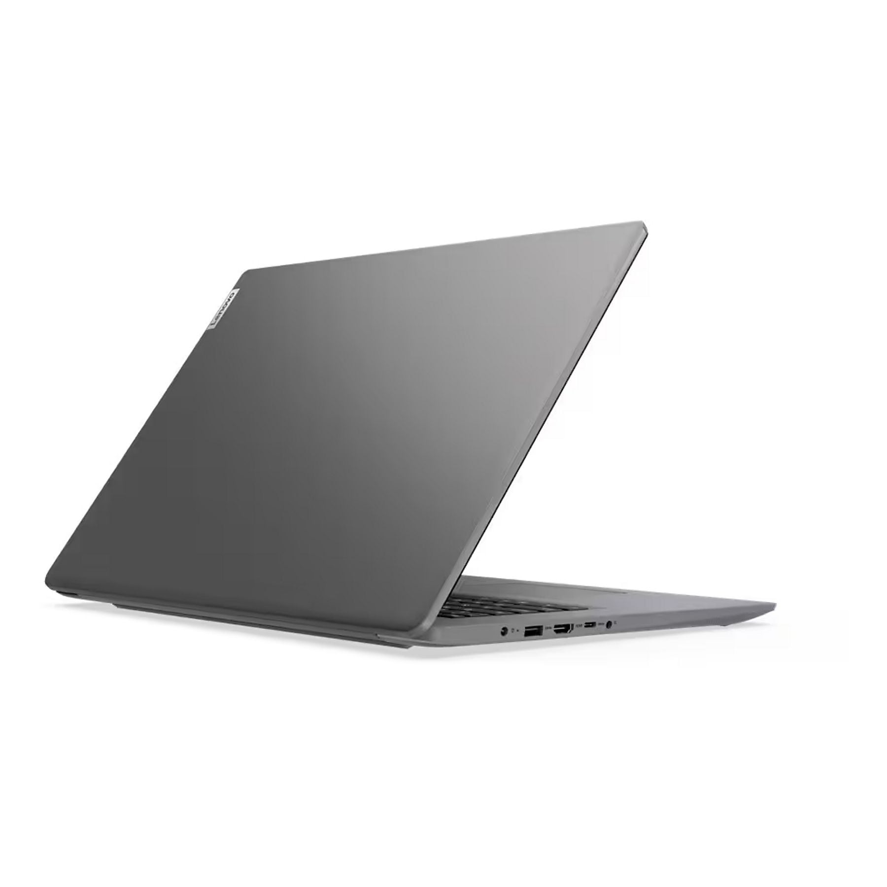 Grauer Lenovo Laptop mit geöffnetem Deckel, Seitenansicht.