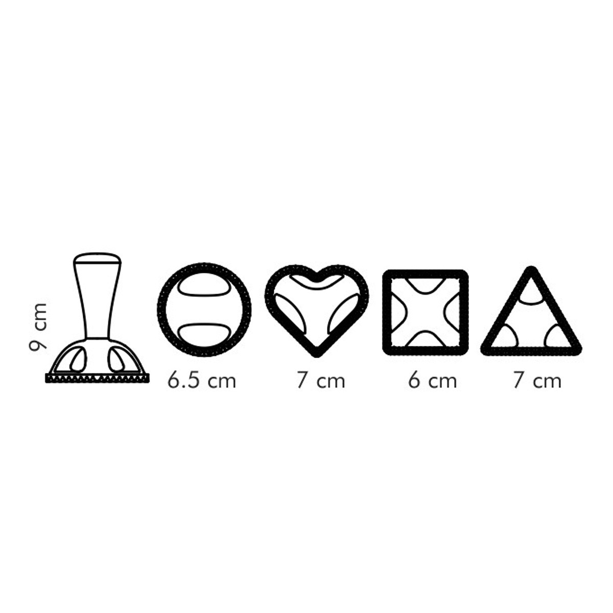 Manico con bordo seghettato e quattro formine: cerchio, cuore, quadrato, triangolo.