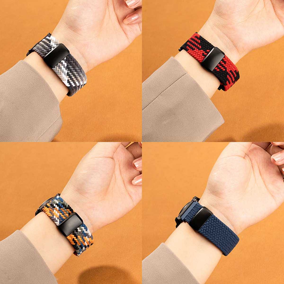 Vier Handgelenke mit verschiedenen geflochtenen Armbändern für Smartwatches.