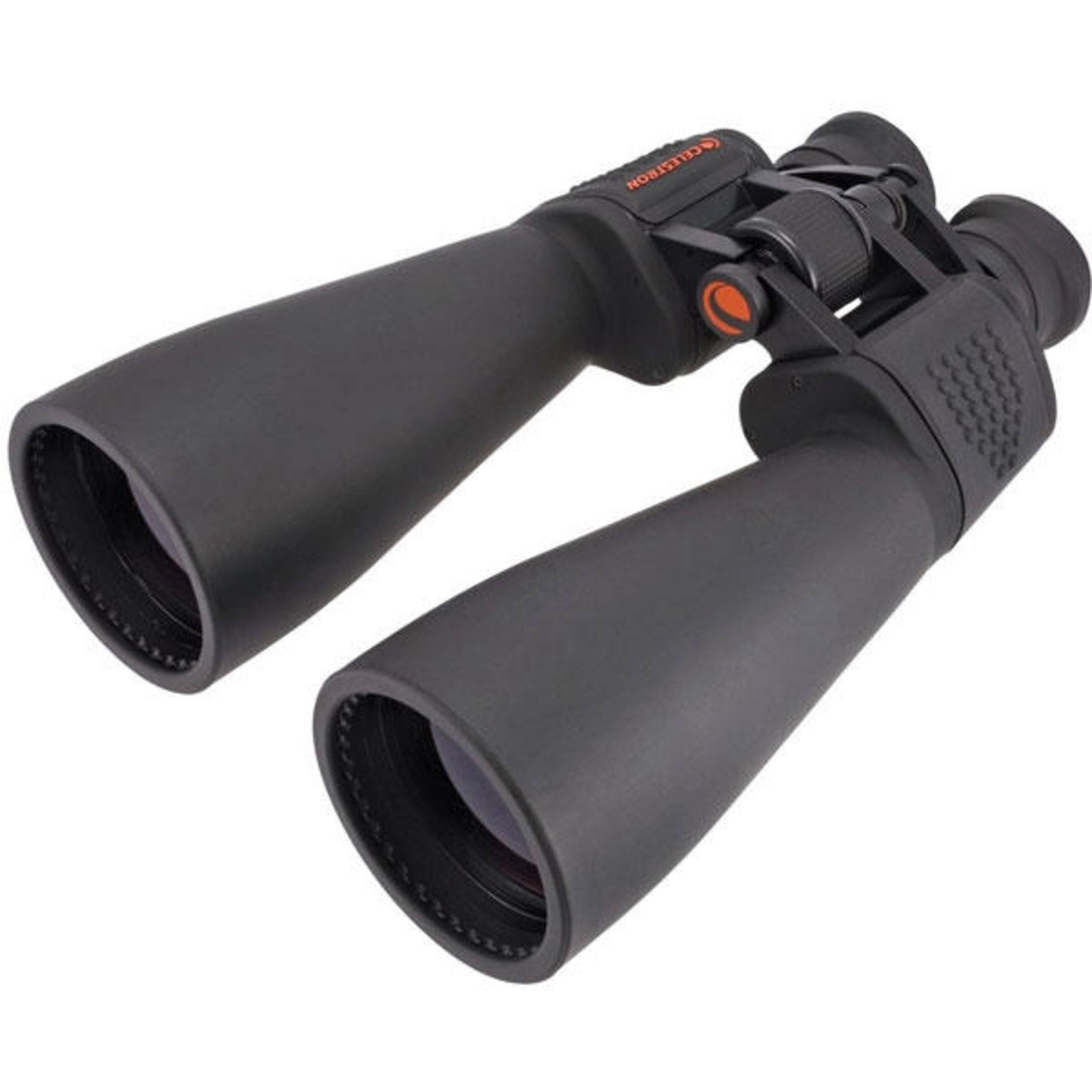 Binocolo nero Celestron con accenti arancioni, su sfondo bianco.