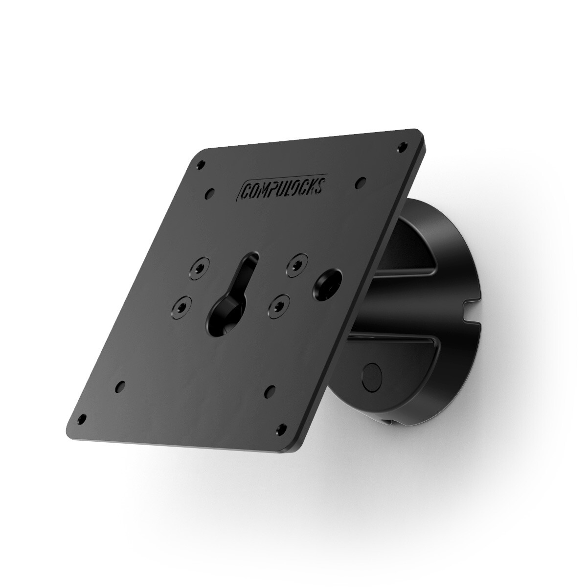 Schwarze Halterung mit Schraubenlöchern und dem Logo "COMPULOCKS".