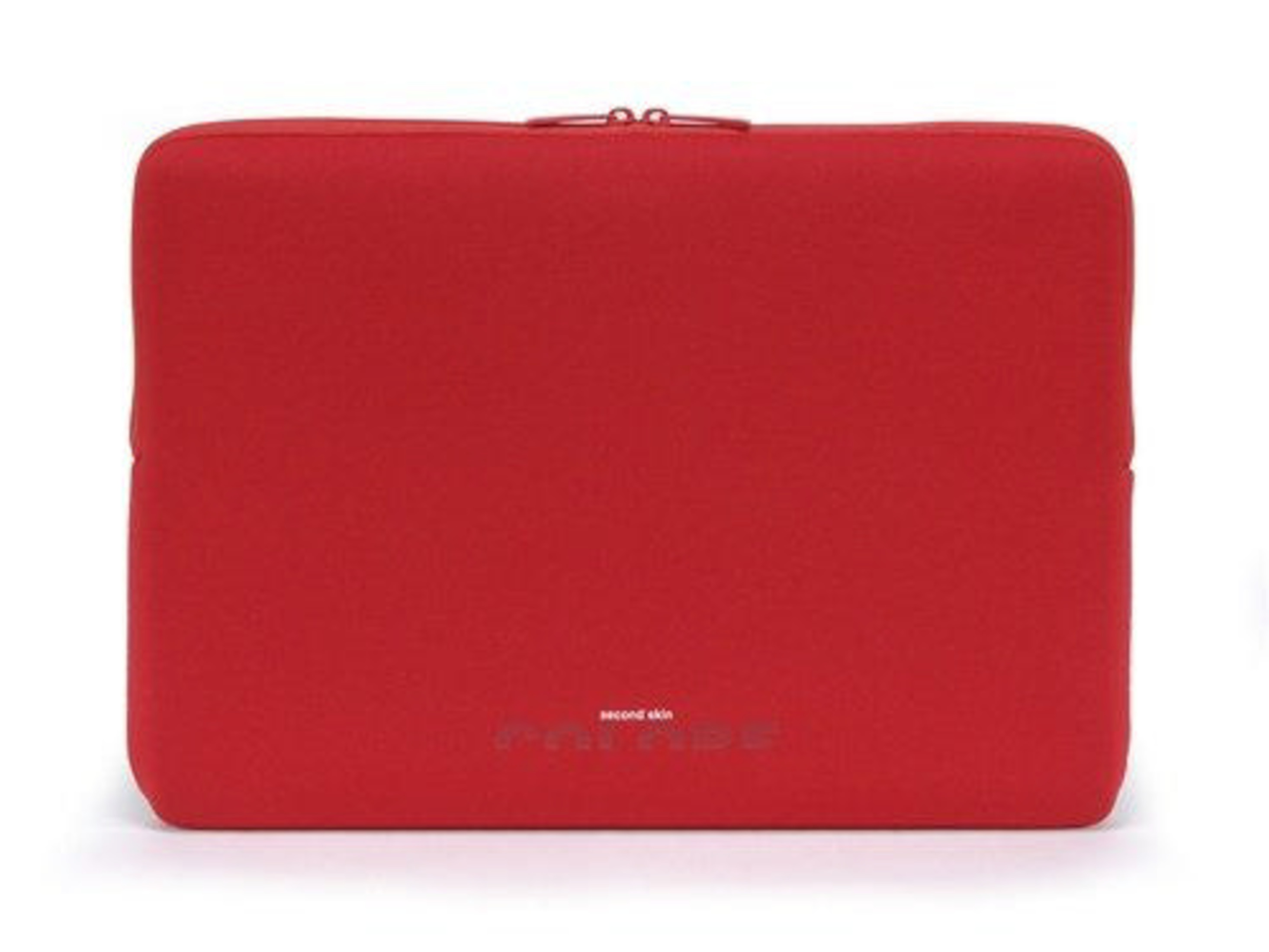Rote Hülle für Laptops mit Reißverschluss und Logo auf der Vorderseite.