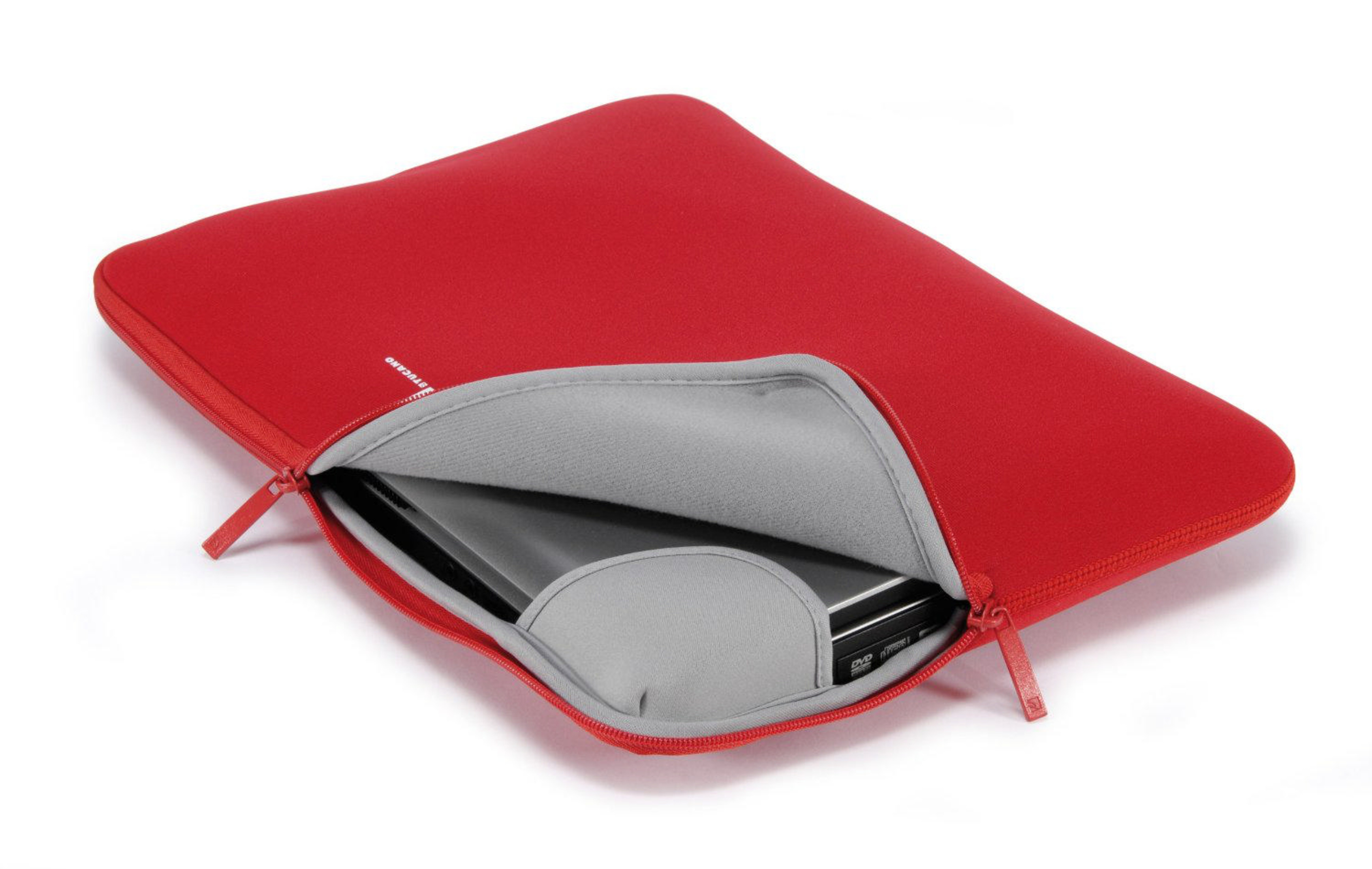 Rote Laptoptasche mit Reißverschluss, halb geöffnet, mit darin liegendem Laptop.
