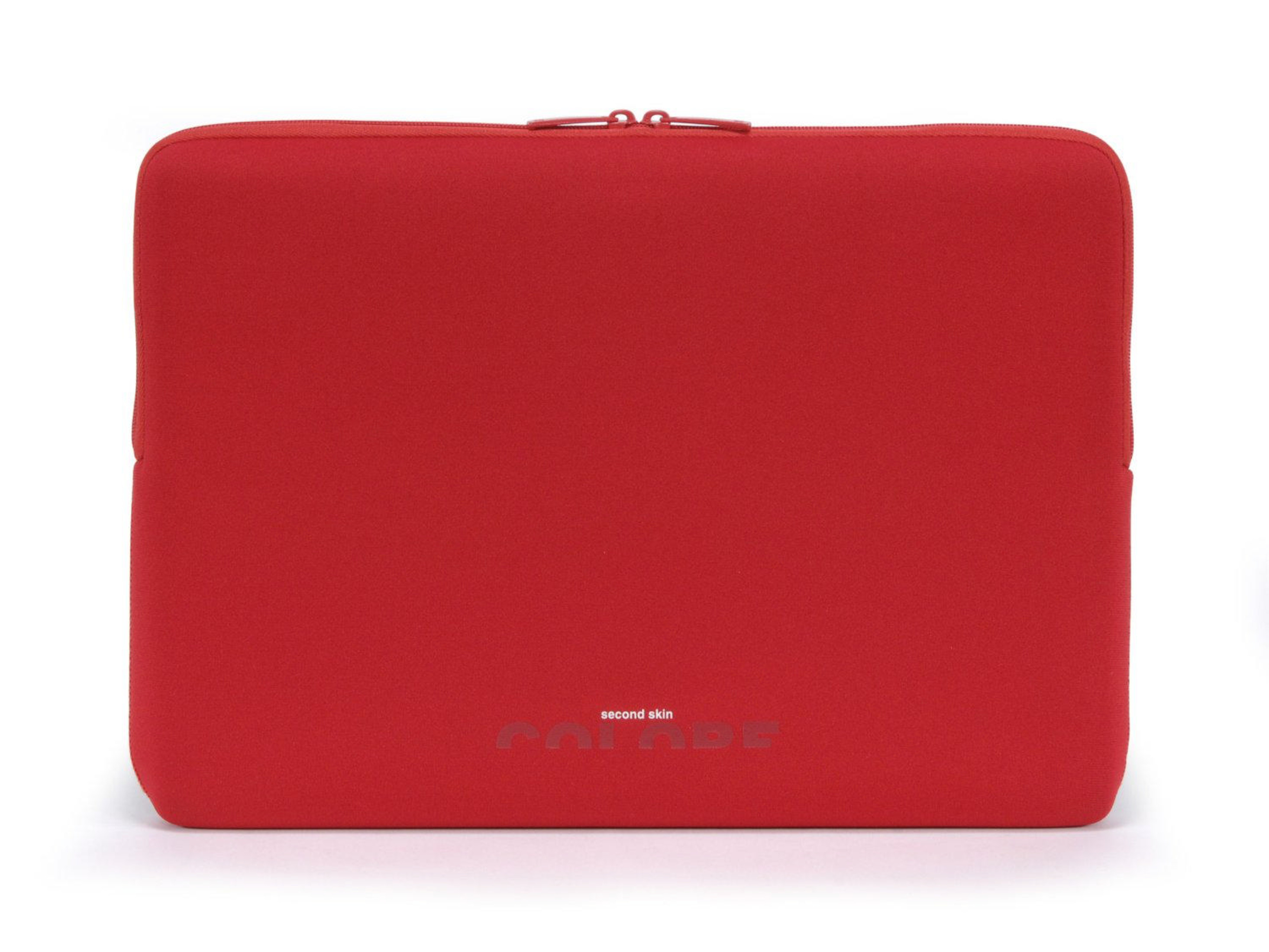 Eine rote Laptoptasche mit Reißverschluss und Logo.