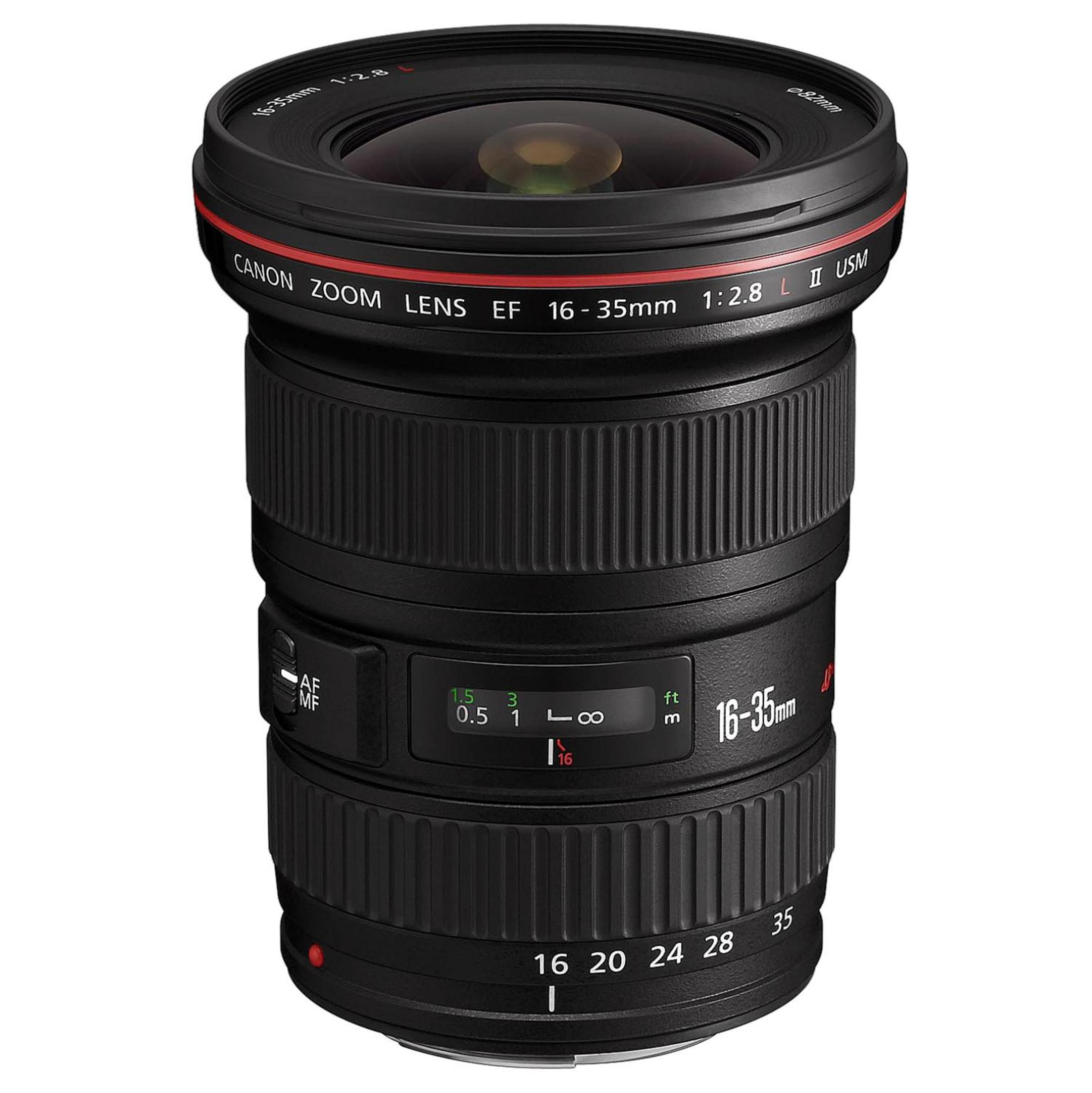 Schwarzes Canon 16-35mm f/2.8L II USM Objektiv mit rotem Ring. Fokus-Skala sichtbar.