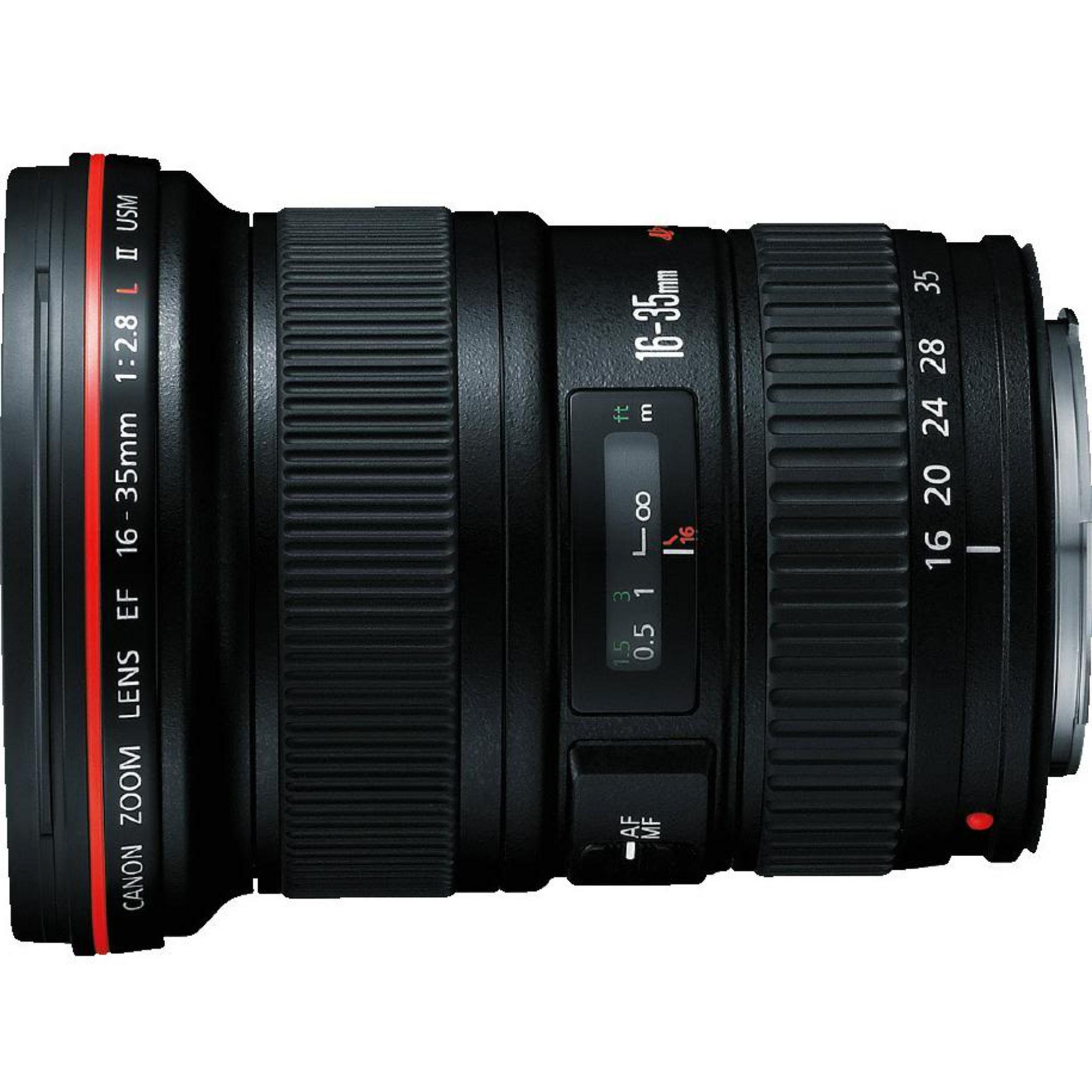 Ein schwarzes Canon EF 16-35mm f/2.8L II USM Objektiv mit rotem Ring.