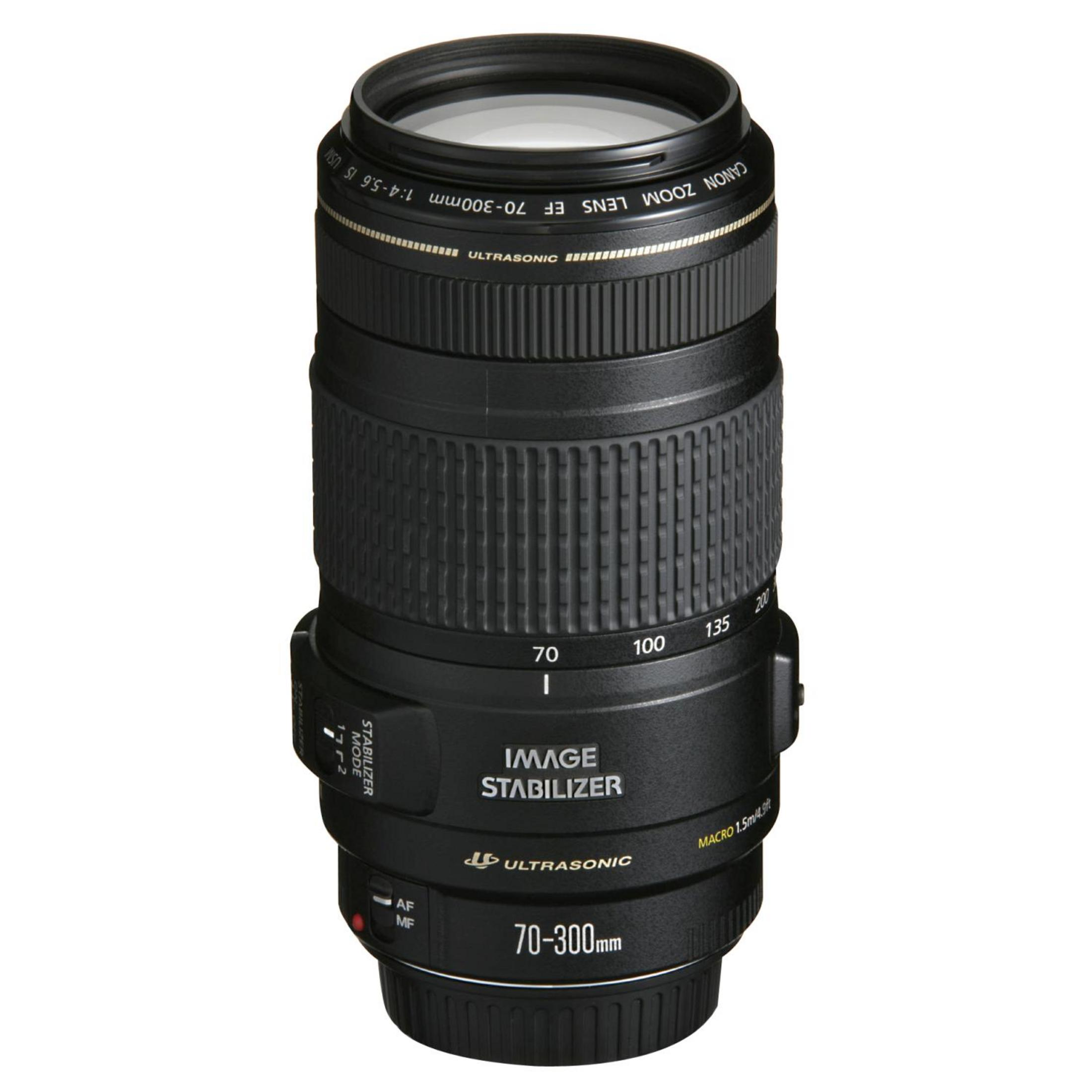 Ein schwarzes Canon Zoom-Objektiv mit 70-300mm Brennweite, Bildstabilisator.