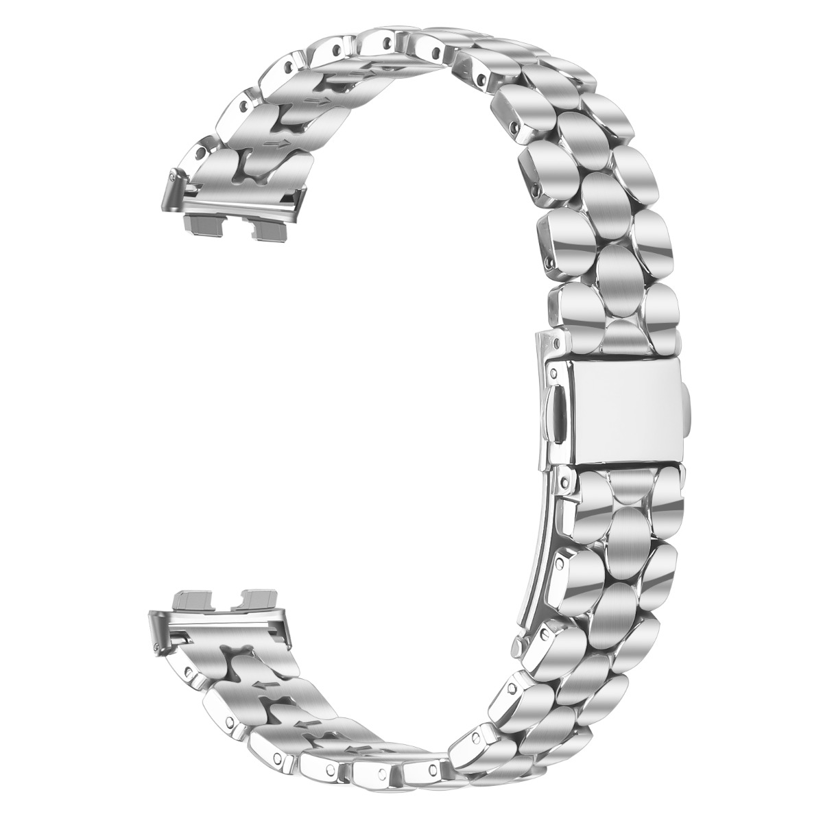 Un cinturino d'orologio in metallo argentato con chiusura pieghevole.