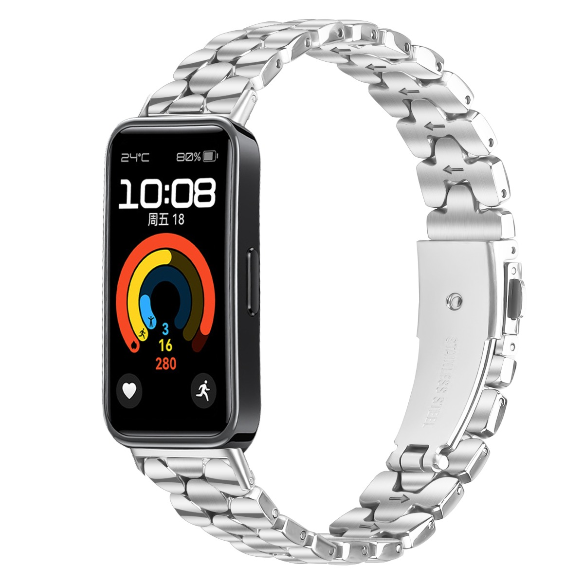 Cinturino argentato per smartwatch con cassa nera e display colorato.