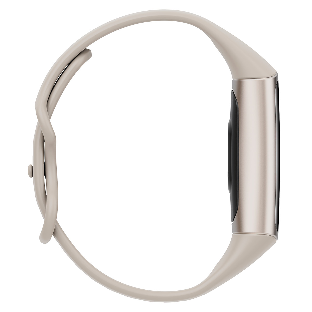 Ein silbernes Fitnessarmband mit einem hellbeigen Band, von der Seite gezeigt.