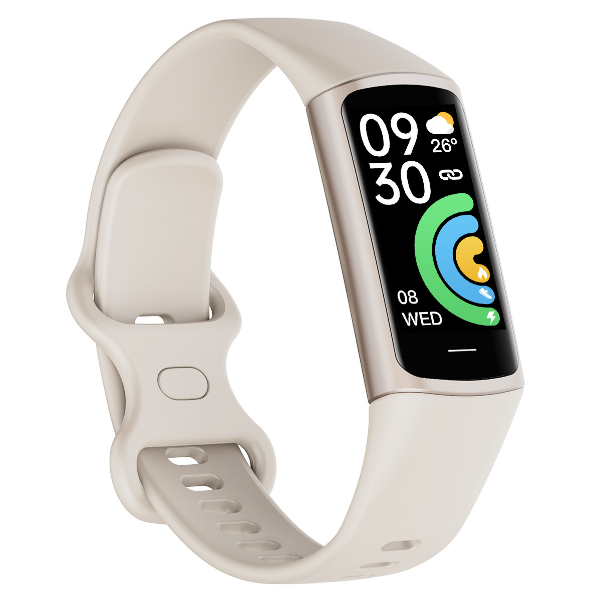 Eine cremefarbene Smartwatch mit einem dunklen Display, das Uhrzeit und Wetter anzeigt.
