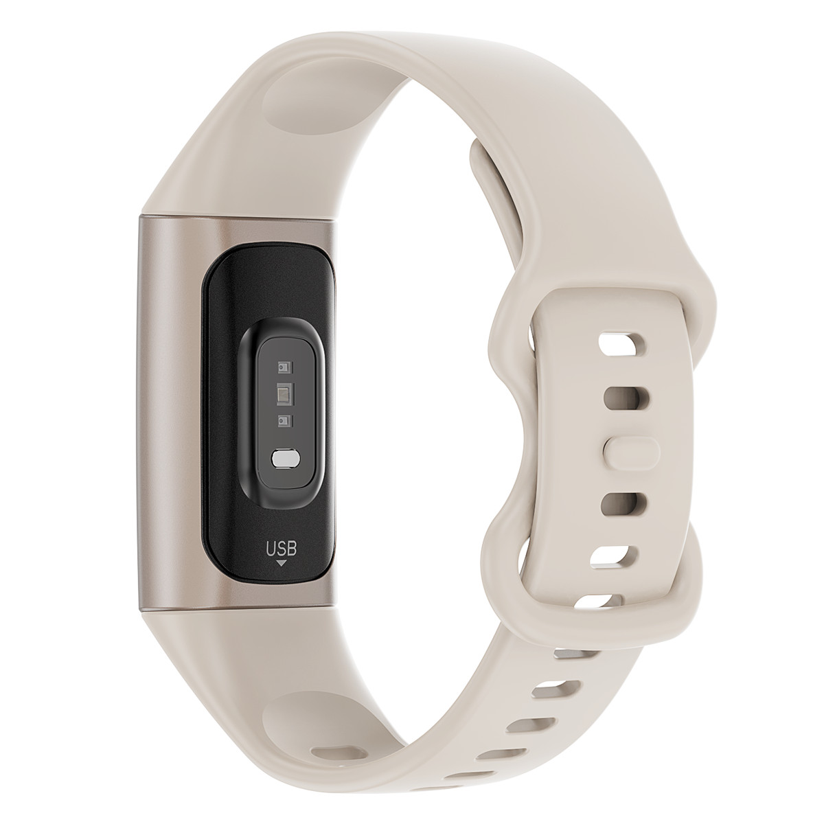 Ein beigefarbenes Fitnessarmband mit schwarzem Display und USB-Anschluss.