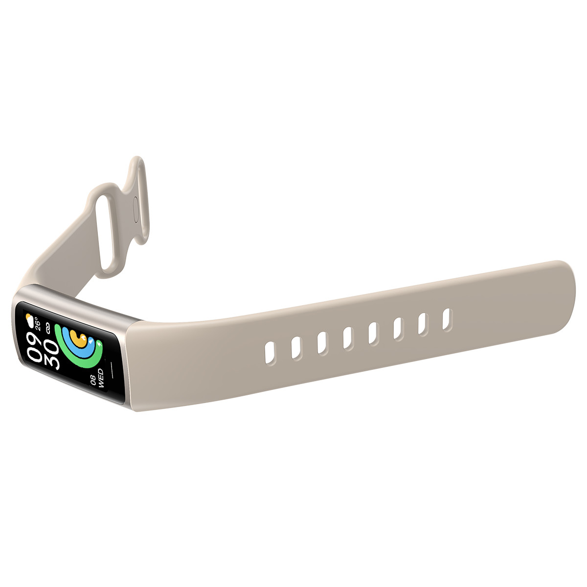 Ein hellgraues Fitnessarmband mit einem silbernen Gehäuse und einem bunten Display.