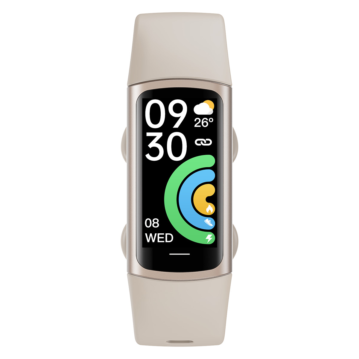 Ein hellbraunes Fitnessarmband mit digitaler Anzeige für Uhrzeit, Wetter und Aktivität.