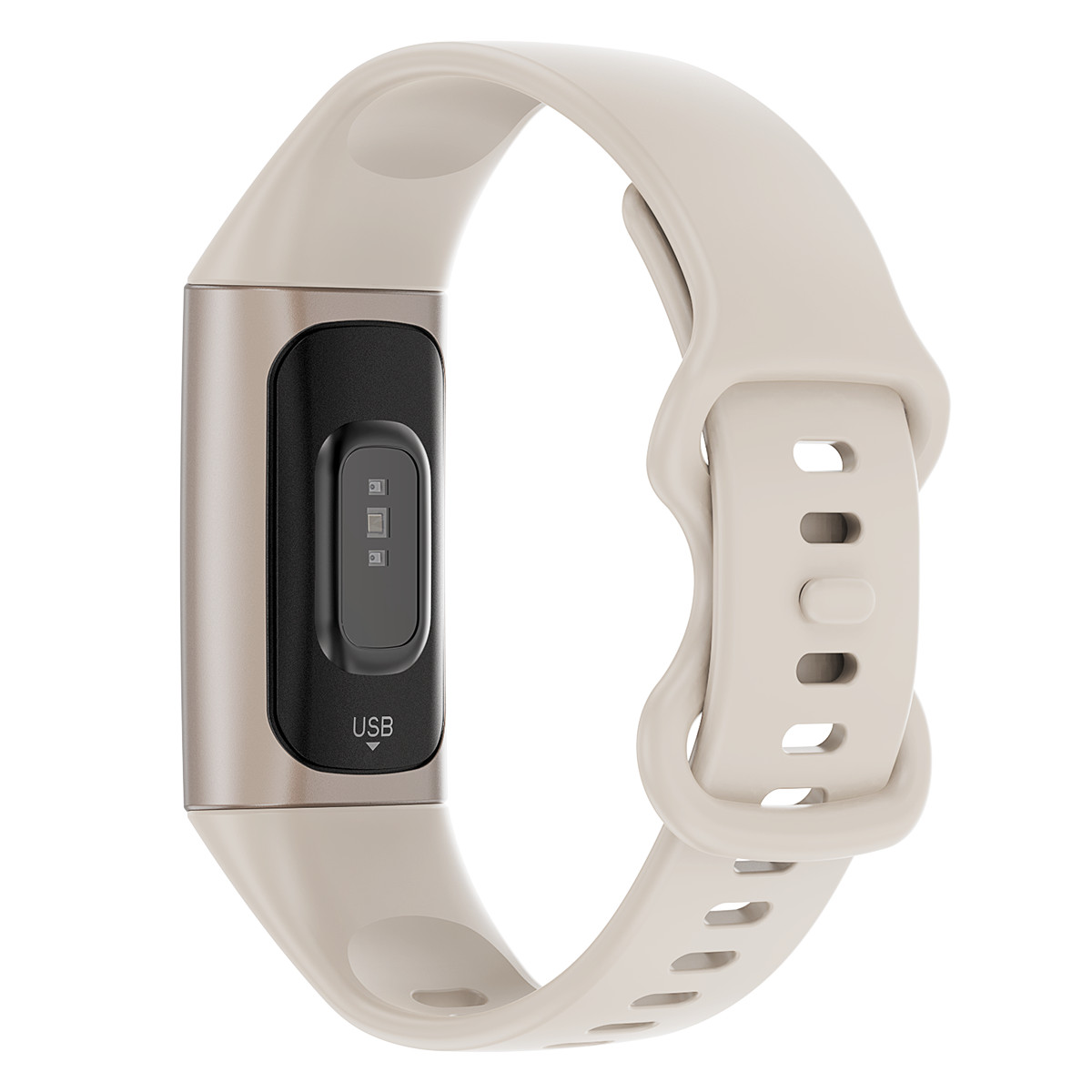 Ein hellbeiges Fitnessarmband mit einem rechteckigen schwarzen Bildschirm und USB-Schriftzug.