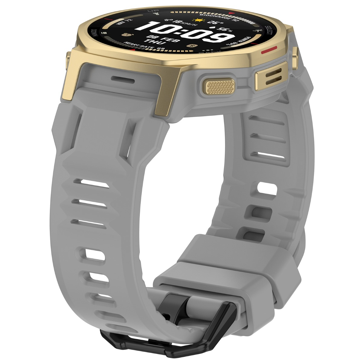 Smartwatch grigio con lunetta dorata e fibbia nera. Mostra ora e data.