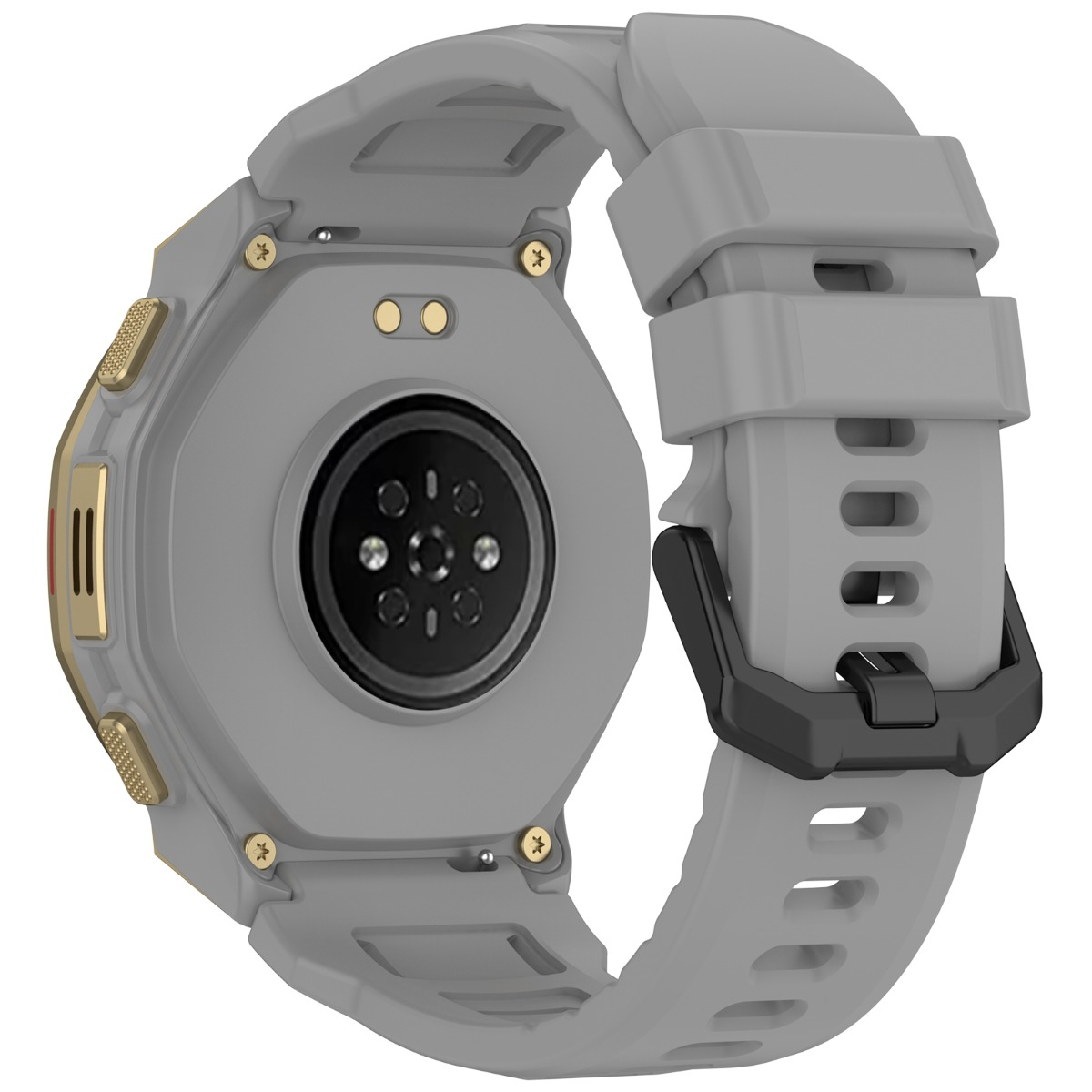 Vista posteriore di uno smartwatch grigio con accenti dorati e sensore.