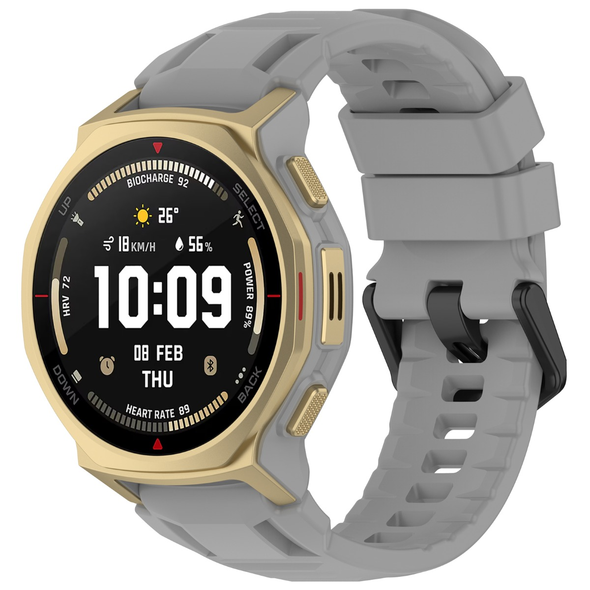 Uno smartwatch oro e grigio mostra l'ora 10:09, data 08 FEB GIO e statistiche sulla salute.