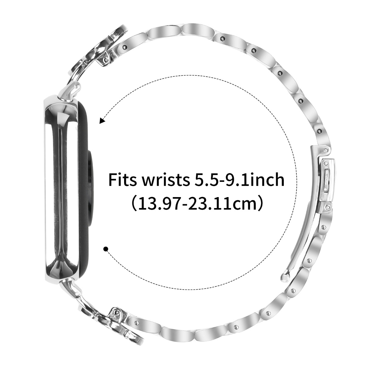Silbernes Uhrenarmband mit Schließe, passt für Handgelenke 13-23 cm.