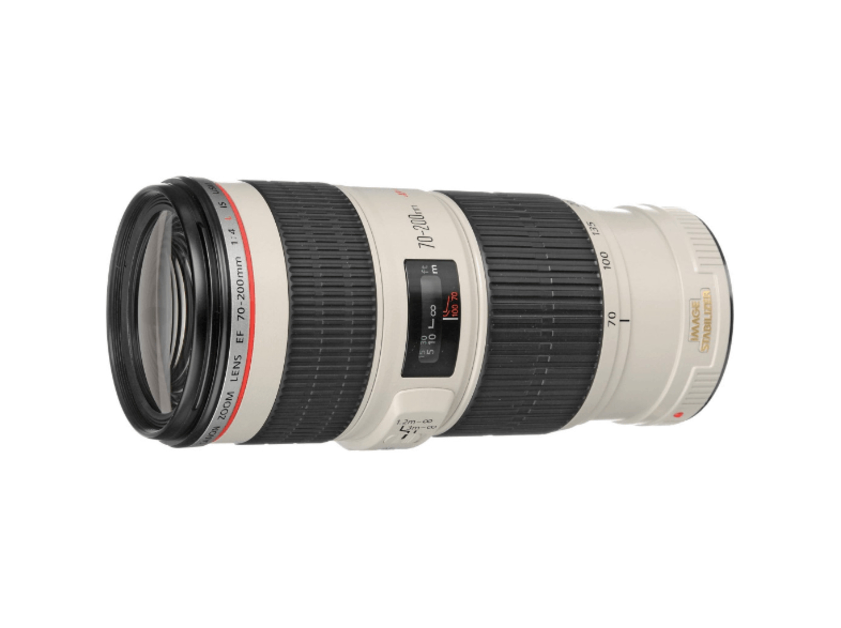 Ein weißes Canon Zoom-Objektiv mit schwarzen Ringen und Beschriftungen.