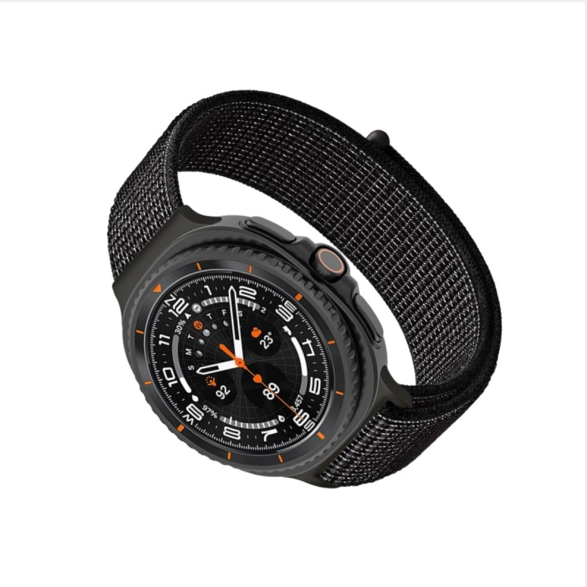 Schwarze Smartwatch mit schwarzem Stoffarmband und buntem Zifferblatt.
