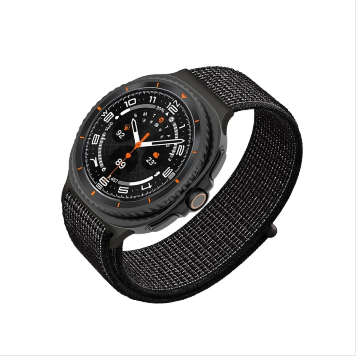 Eine schwarze Smartwatch mit einem Stoffarmband und einem detaillierten Zifferblatt.