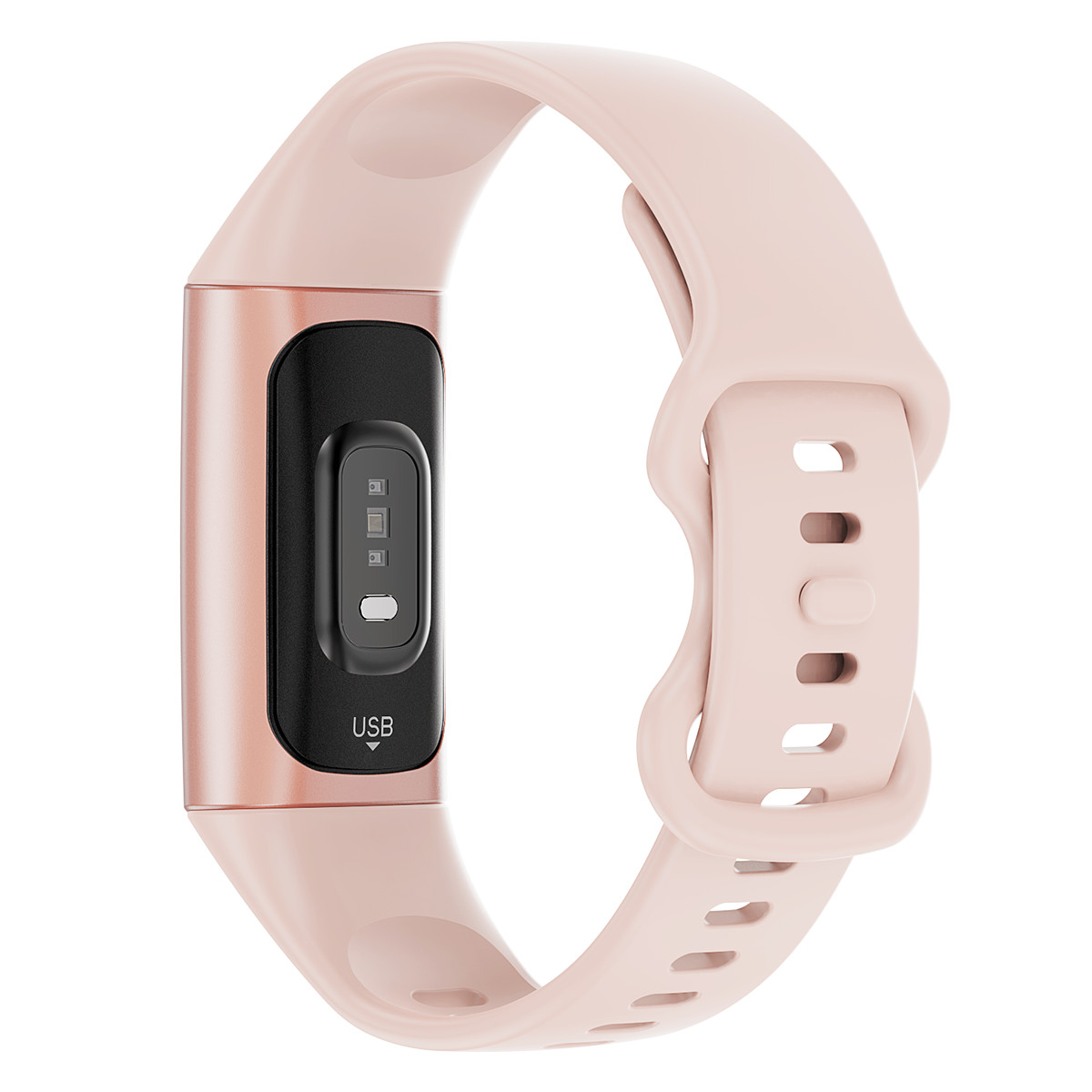 Eine rosafarbene Fitnessuhr mit schwarzem Display und USB-Anschluss.