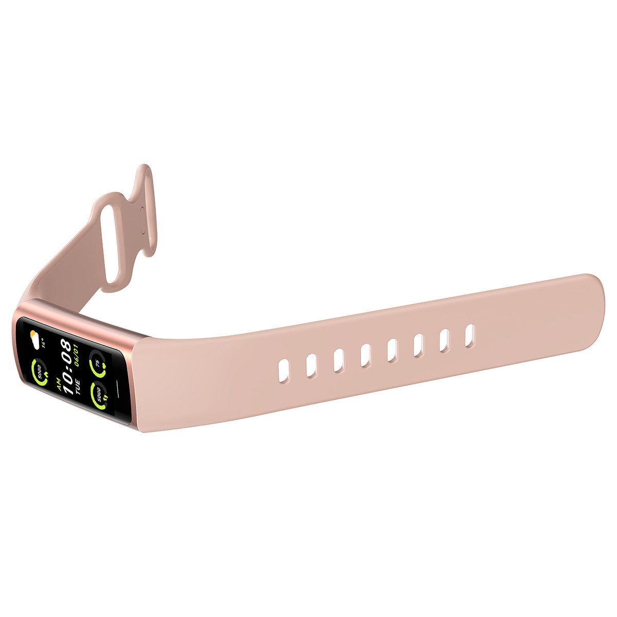 Eine rosafarbene Smartwatch mit digitaler Anzeige, die Zeit und Gesundheitsdaten anzeigt.