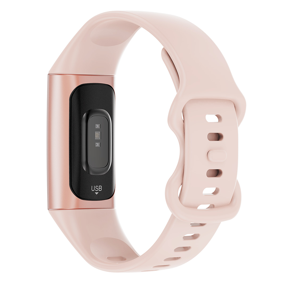 Ein rosafarbener Fitness-Tracker mit schwarzem Display und USB-Anschluss.