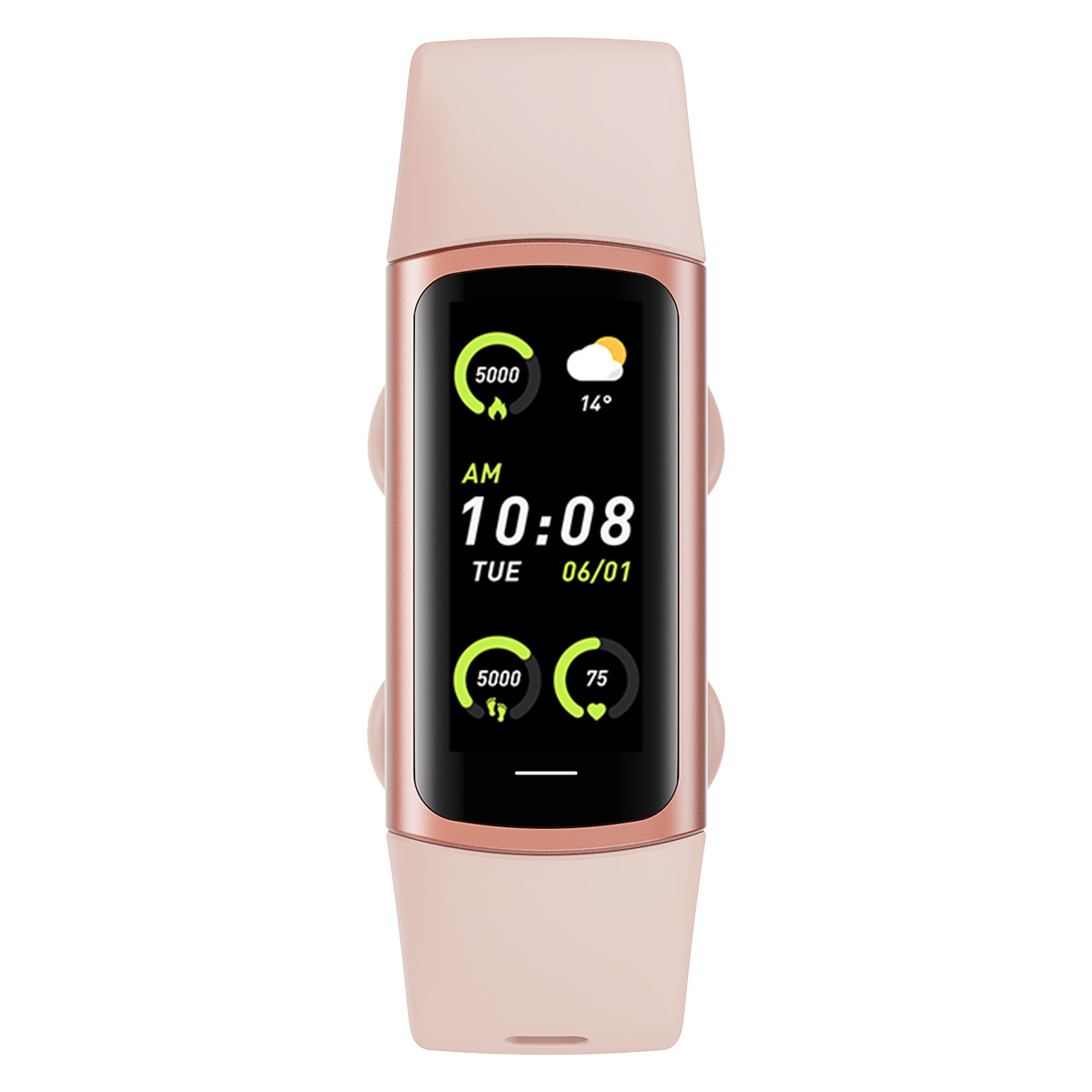 Ein rosafarbener Fitness-Tracker mit schwarzem Bildschirm, der 10:08 Uhr anzeigt.