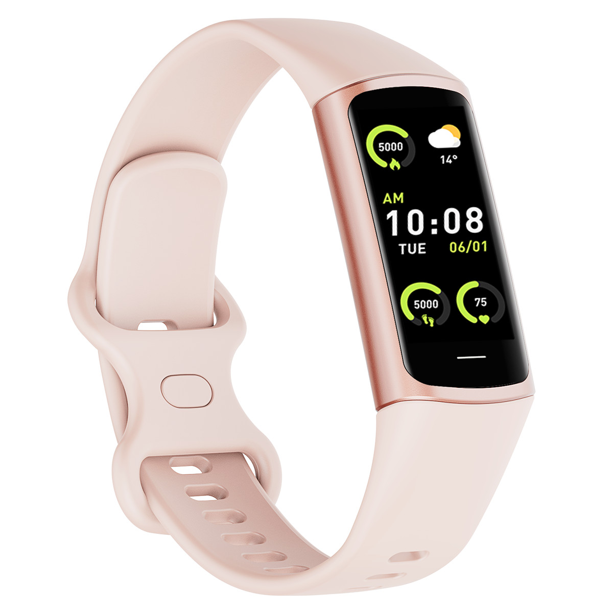 Ein rosafarbener Fitness-Tracker mit schwarzem Display, das 10:08 Uhr anzeigt.