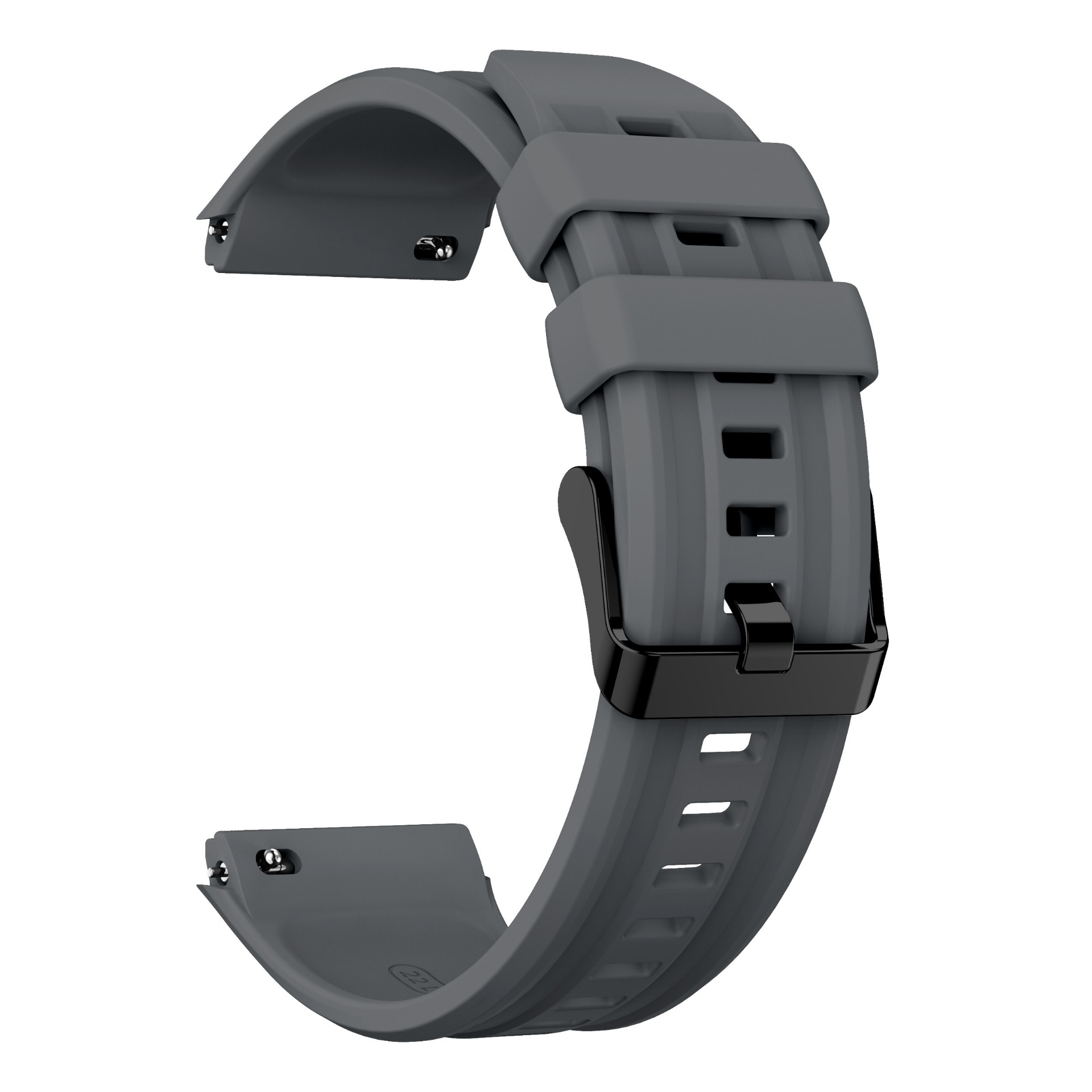 Graues Silikon-Uhrenarmband mit schwarzer Schnalle, auf weißem Hintergrund.