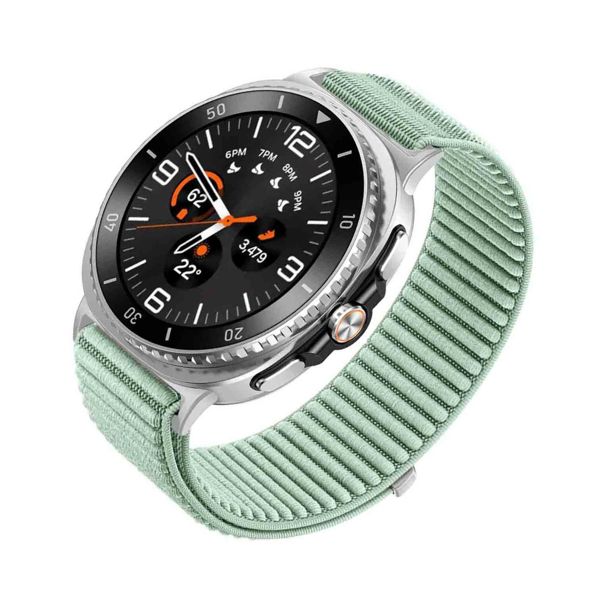 Smartwatch argento con cinturino in tessuto verde menta e display digitale nero.