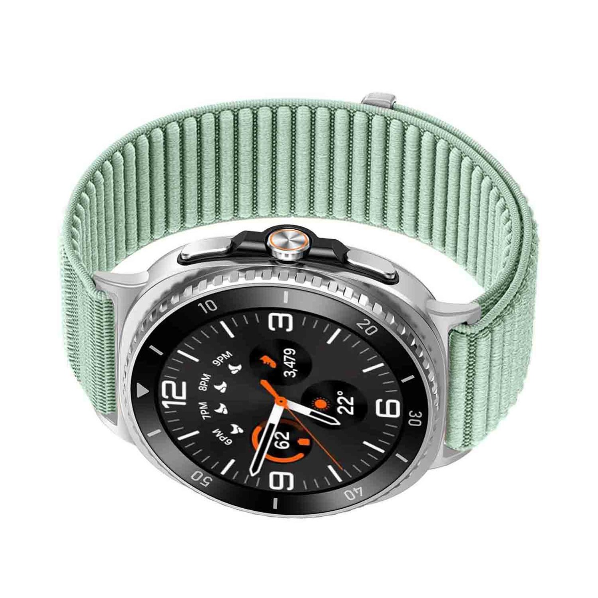 Uno smartwatch argentato con cinturino in tessuto verde menta e quadrante digitale nero.