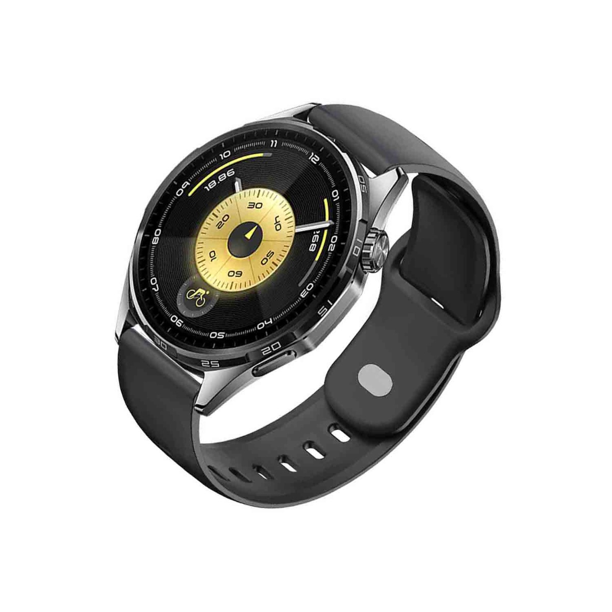 Eine schwarze Smartwatch mit goldenem Zifferblatt und silbernem Gehäuse.