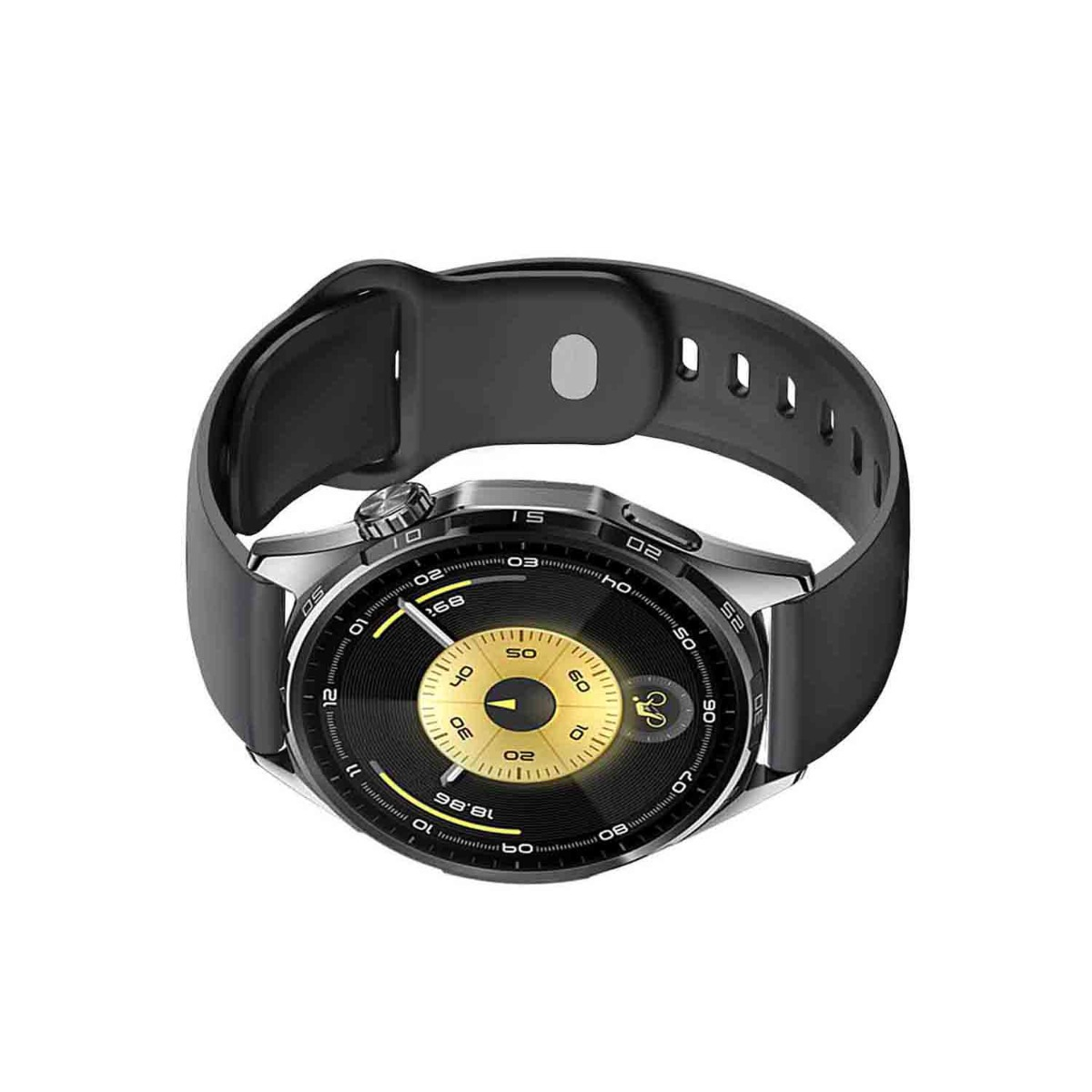 Eine schwarze Smartwatch mit goldenem Zifferblatt und schwarzem Armband.