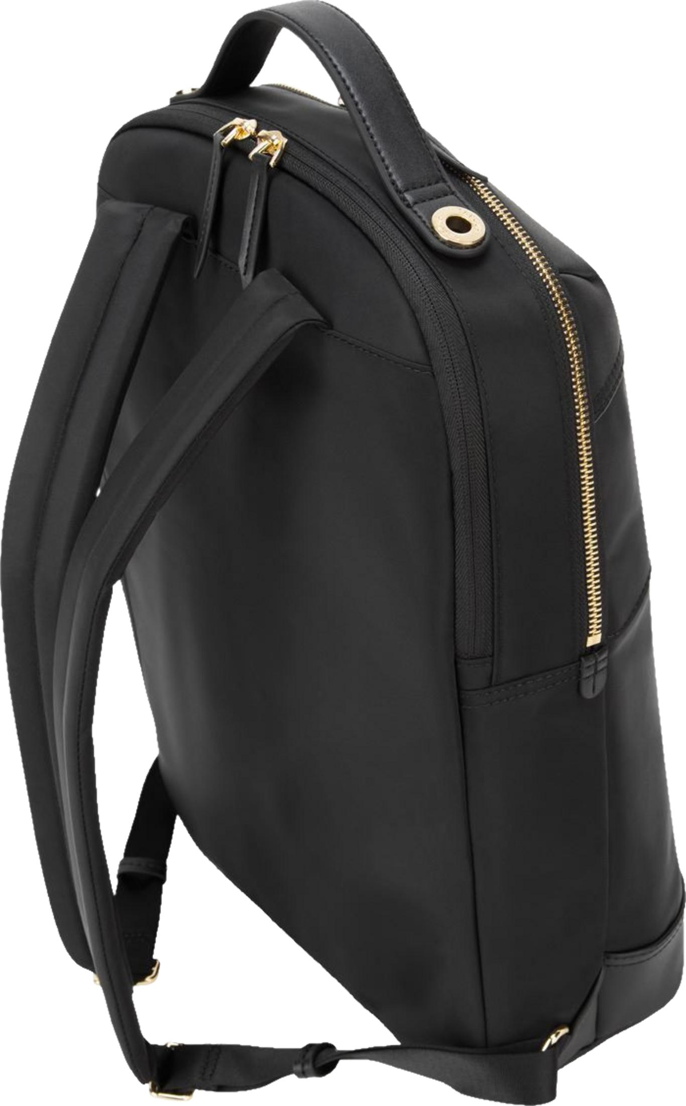Zaino nero con cerniere e spallacci dorati.