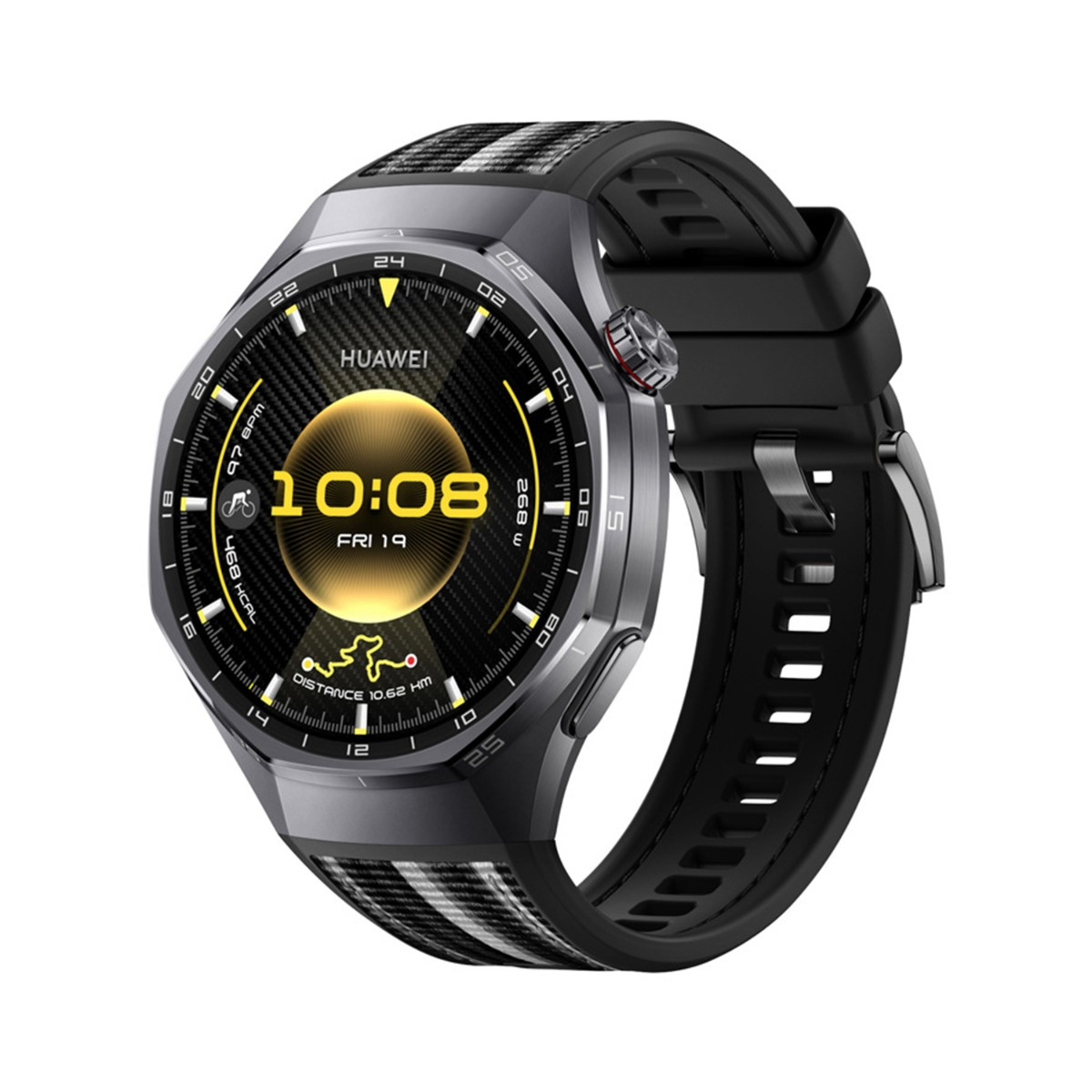 Uno smartwatch Huawei grigio con cinturino nero, mostra le 10:08.