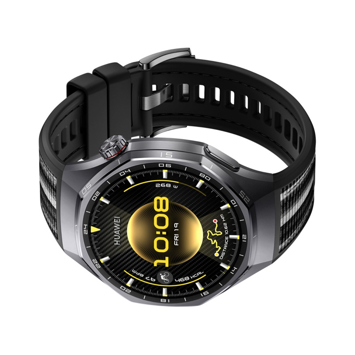 Uno smartwatch grigio con cinturino nero e display circolare.
