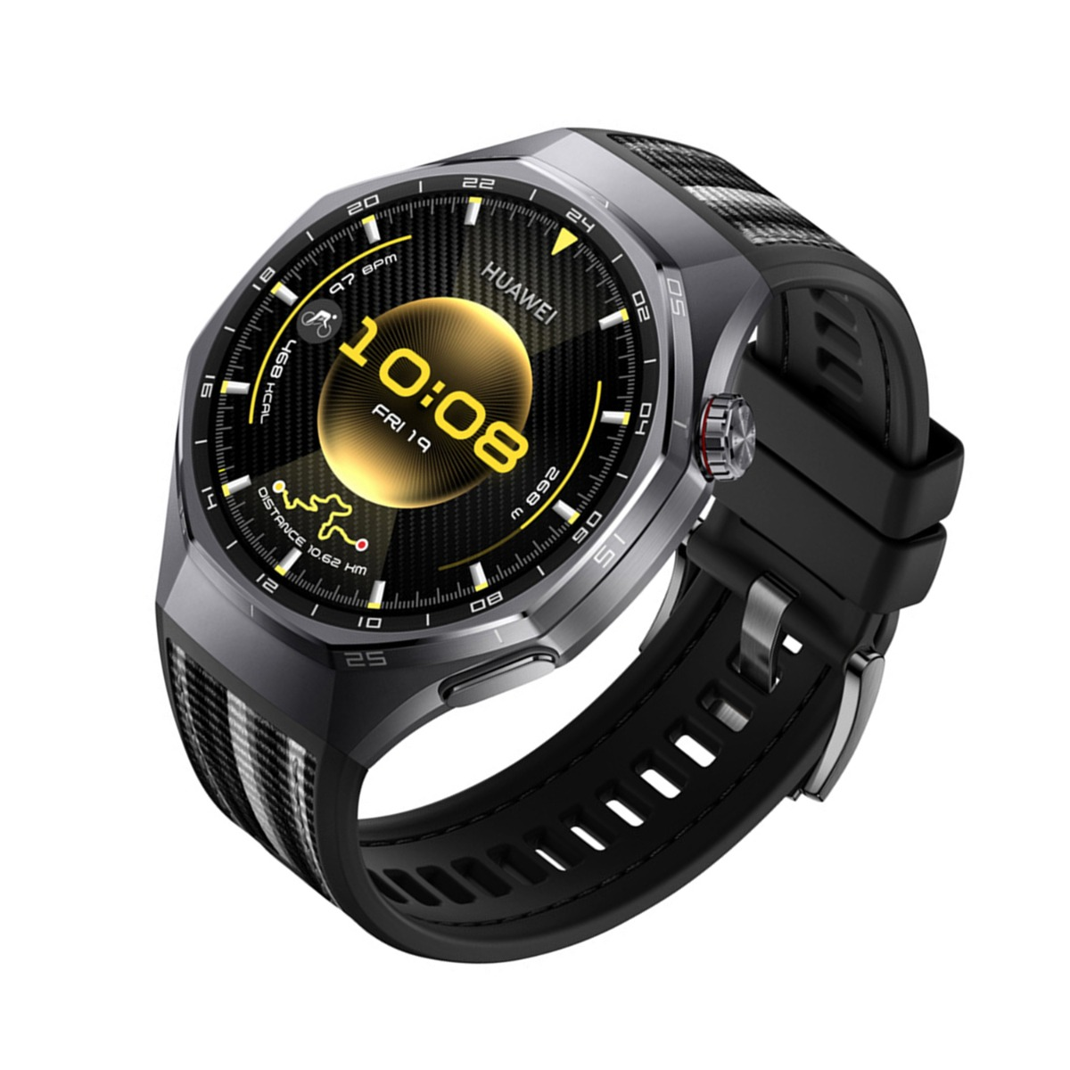 Uno smartwatch Huawei grigio con cinturino nero, mostra le 10:08.