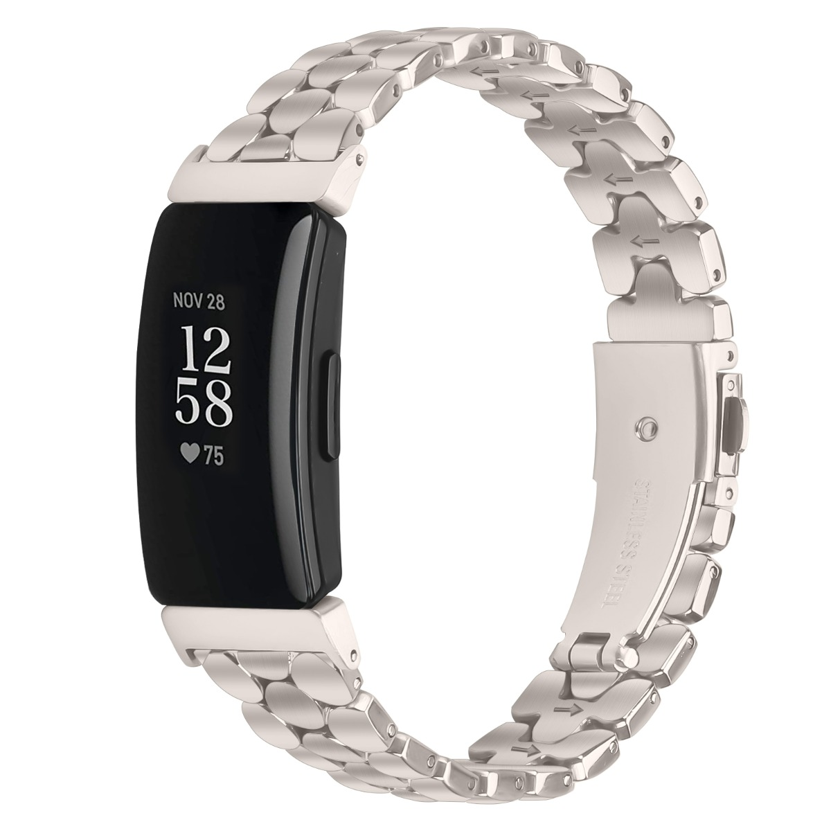 Silbernes Smartwatch-Armband mit schwarzem Display, zeigt Datum und Uhrzeit.