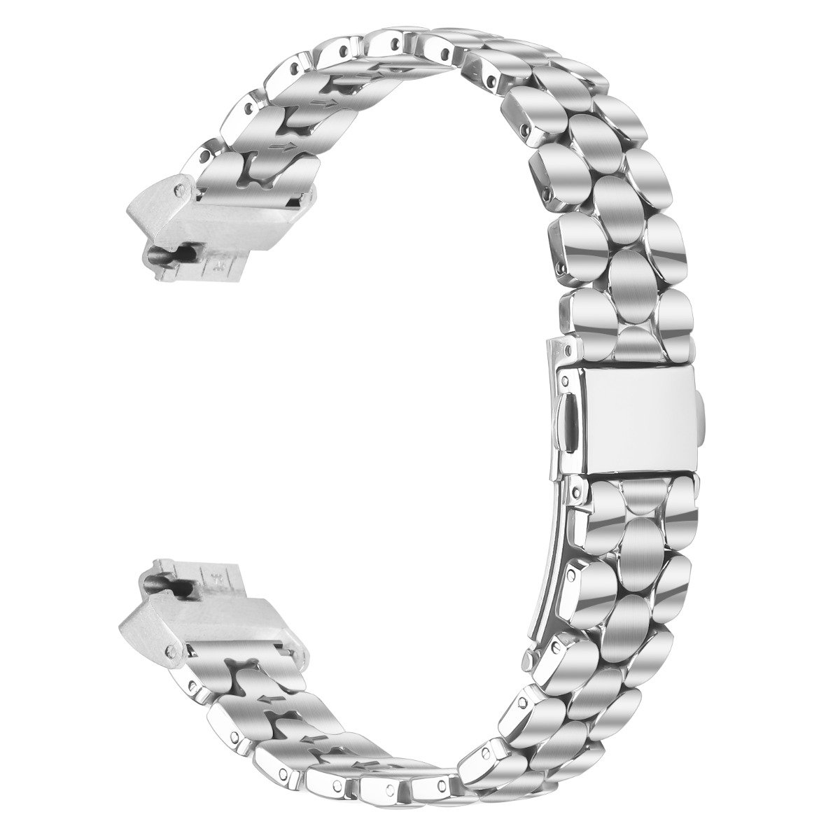 Ein silbernes Metallarmband mit ovalen Gliedern und einer Faltschließe.