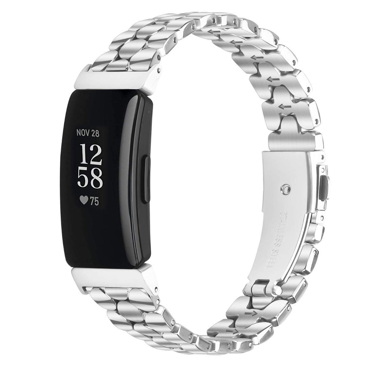 Silbernes Smartwatch-Armband mit schwarzem Display, zeigt 12:58 Uhr an.