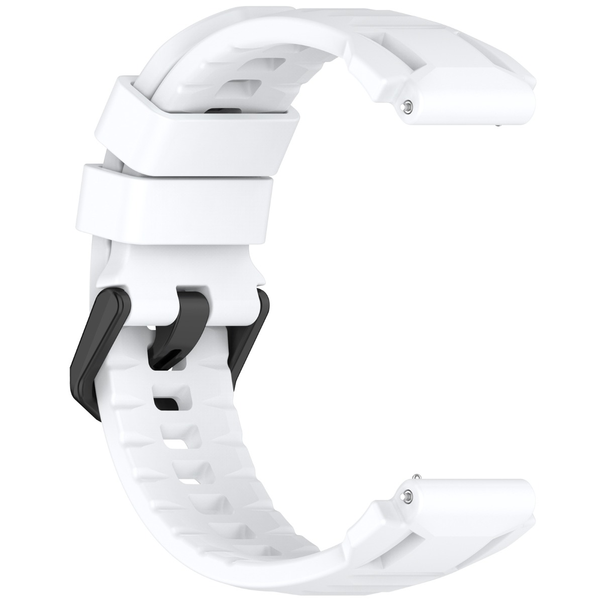 Un cinturino bianco per orologio con fibbia e perni neri.