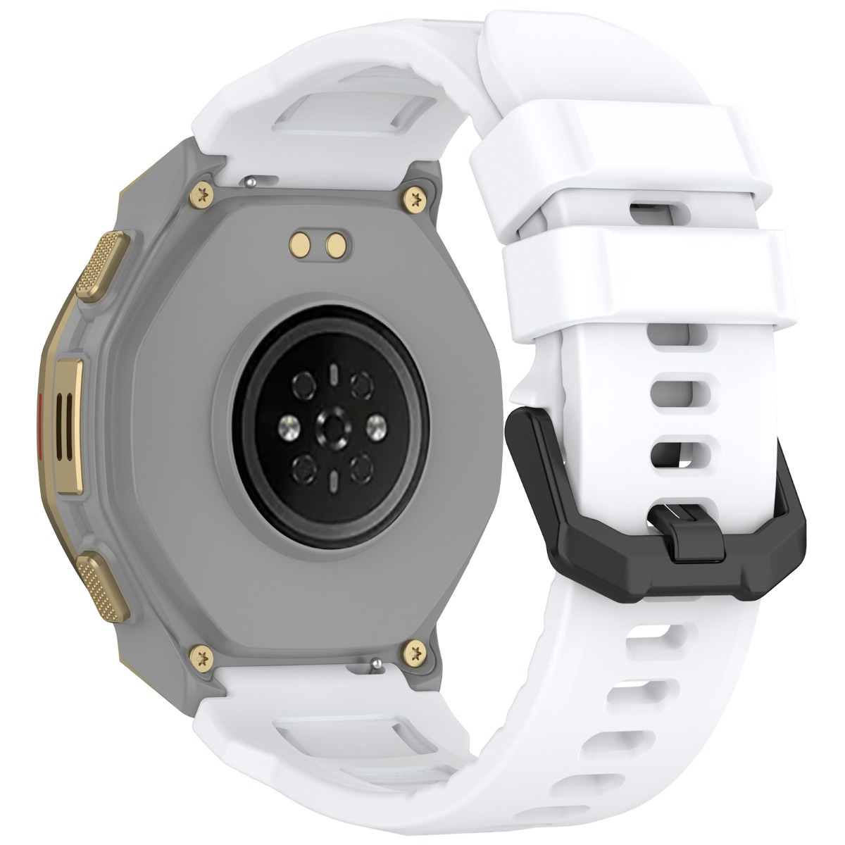 Vista posteriore di uno smartwatch con corpo grigio, accenti dorati e cinturino bianco.