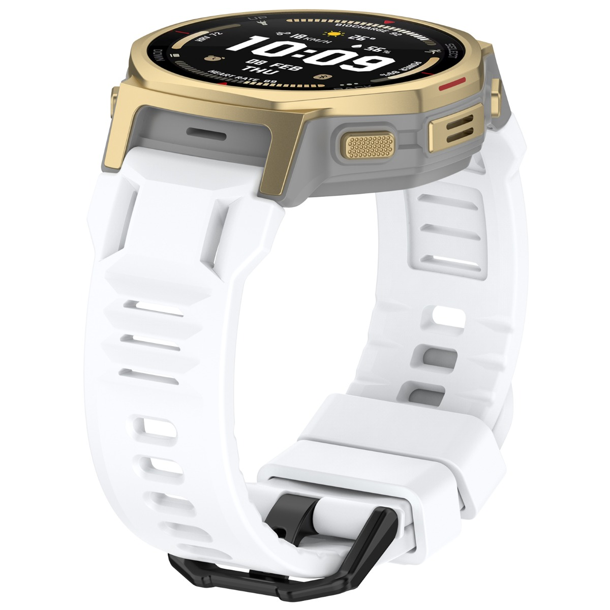 Uno smartwatch bianco con cassa oro e grigio mostra le 10:09.