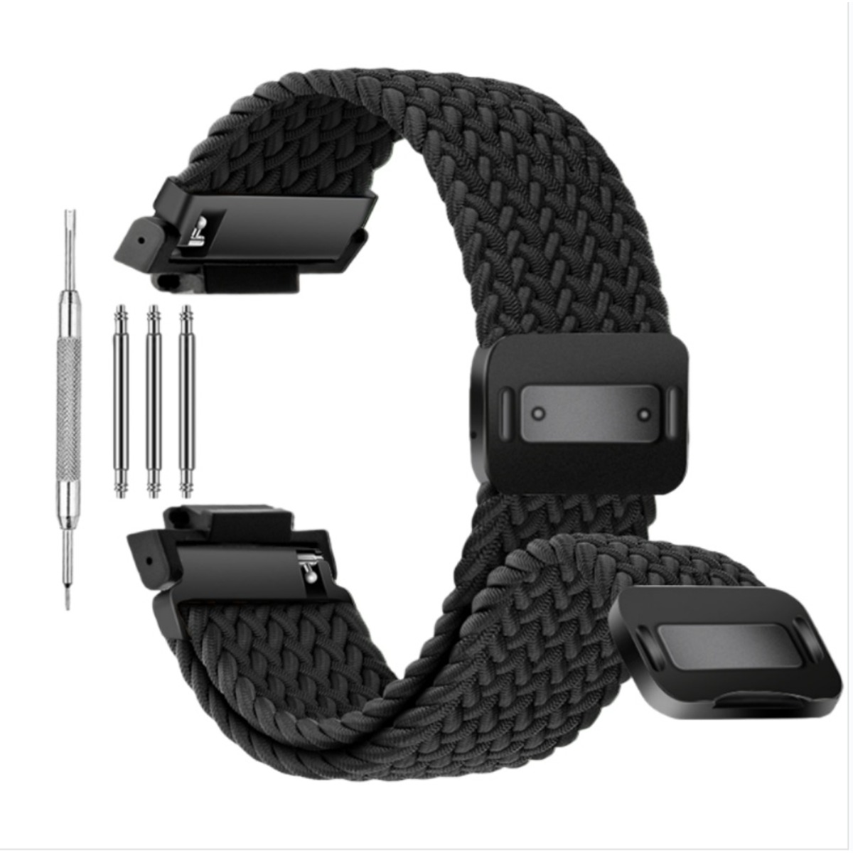 Schwarzes geflochtenes Uhrenarmband mit Werkzeug und Stiften.